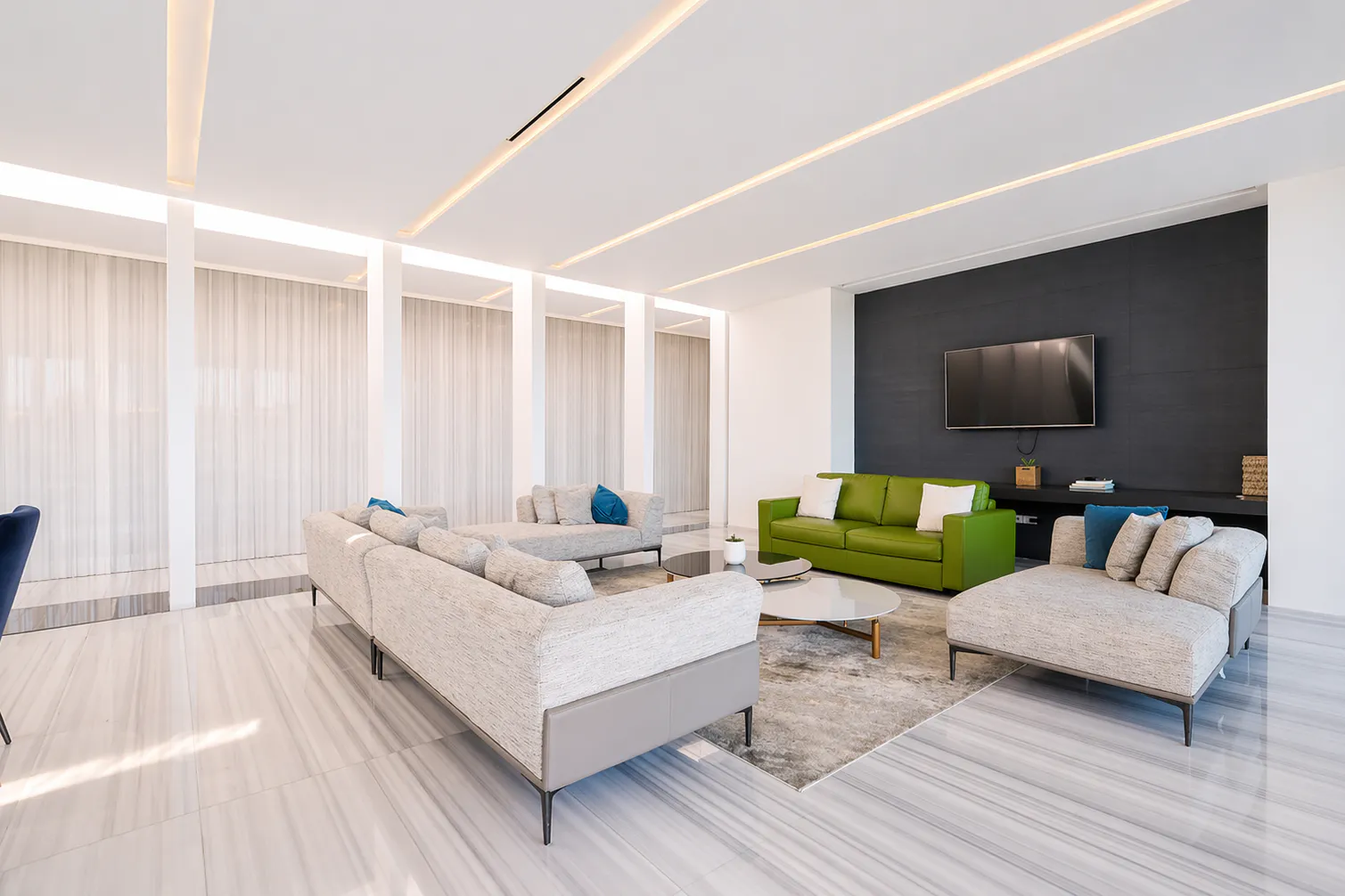 Ultra-modern minimalist living room with marble floors