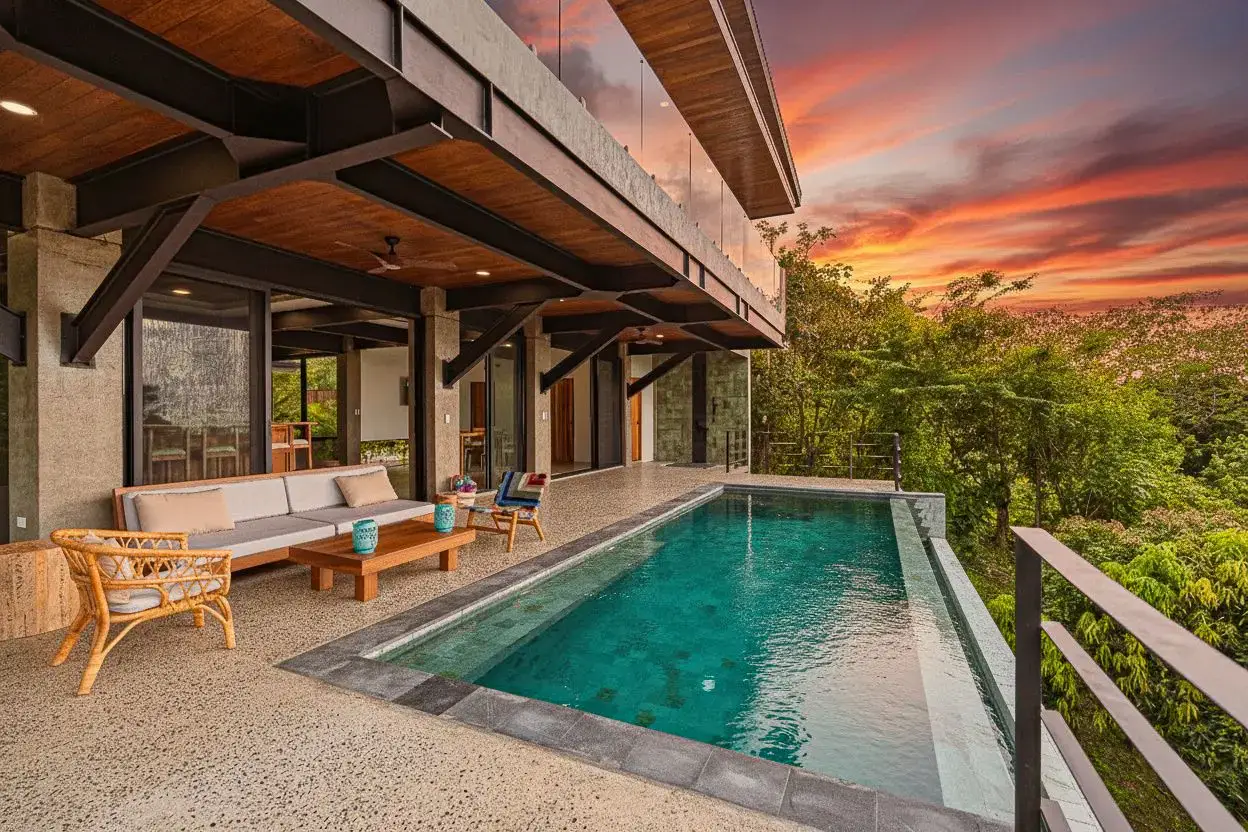Covered terrace with a pool overlooking the ocean at sunset