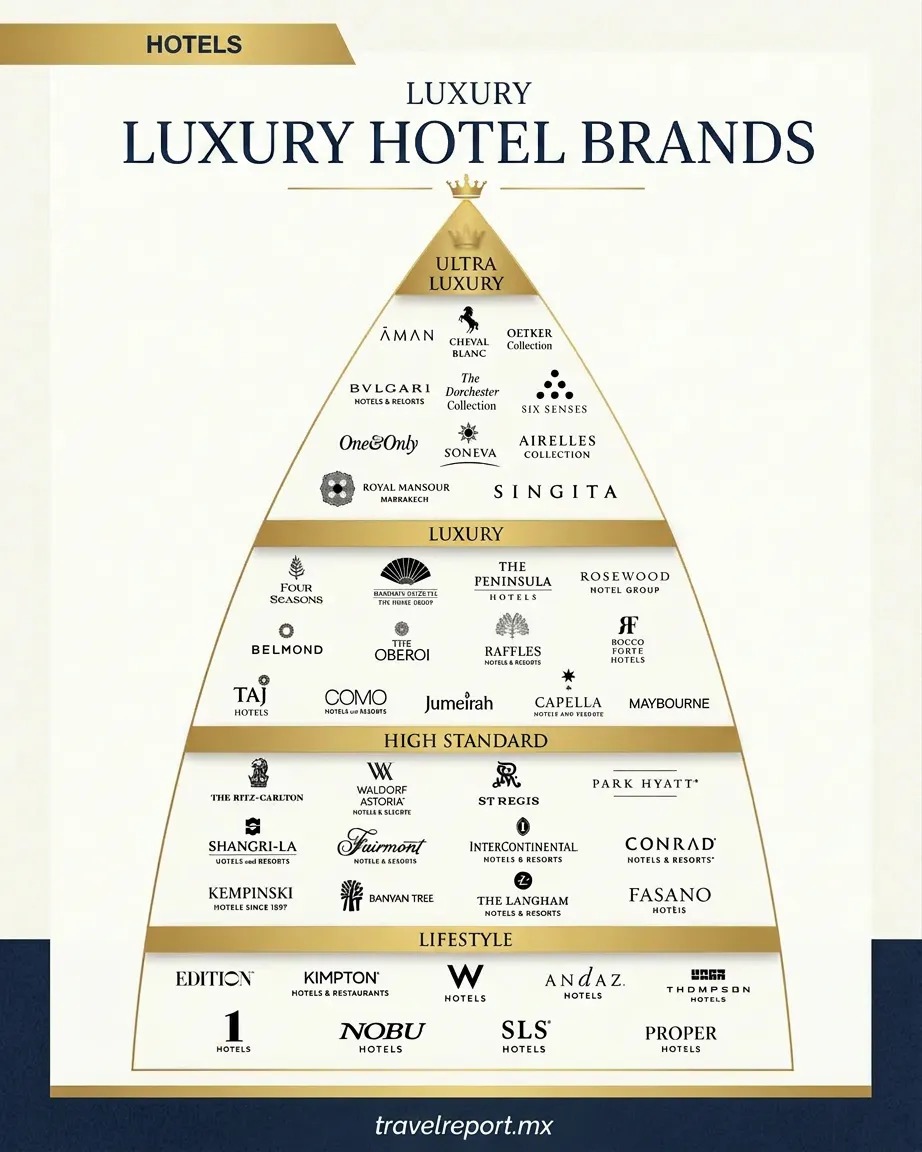 Esta infografía presenta una pirámide que clasifica las "Marcas de Hoteles de Lujo" en cuatro niveles jerárquicos: "Ultra Lujo", "Lujo", "Alto Estándar" y "Estilo de Vida (Lifestyle)". En cada sección se muestran los logotipos de prestigiosas cadenas globales como Aman, Four Seasons, The Ritz-Carlton y W Hotels. Para mejorar la imagen como recurso gráfico de un blog, se podría optimizar el tamaño y el contraste de los logotipos más pequeños situados en la base, ya que se dificulta su lectura en pantallas de teléfonos celulares.