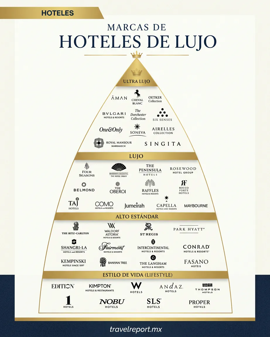 Esta infografía presenta una pirámide que clasifica las "Marcas de Hoteles de Lujo" en cuatro niveles jerárquicos: "Ultra Lujo", "Lujo", "Alto Estándar" y "Estilo de Vida (Lifestyle)". En cada sección se muestran los logotipos de prestigiosas cadenas globales como Aman, Four Seasons, The Ritz-Carlton y W Hotels. Para mejorar la imagen como recurso gráfico de un blog, se podría optimizar el tamaño y el contraste de los logotipos más pequeños situados en la base, ya que se dificulta su lectura en pantallas de teléfonos celulares.