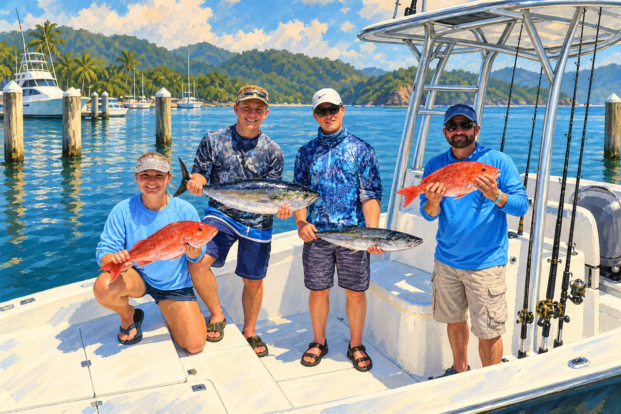Reference-based editorial illustration of a fishing party displaying its catch; not a documentary photograph or evidence of a particular location, identity, operator or conservation practice.