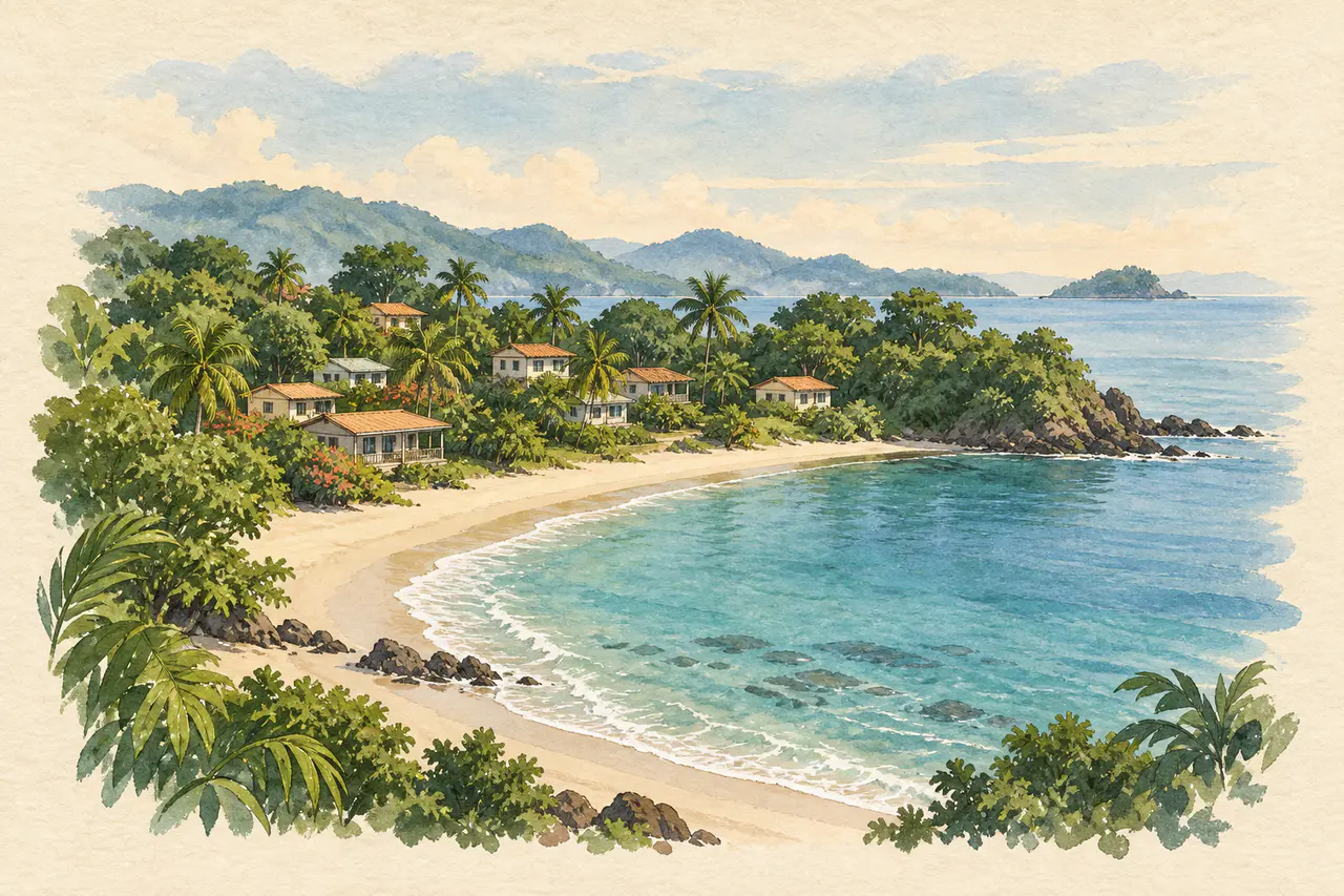 Representative editorial illustration of a coastal settlement and shoreline; not a parcel map or evidence of title, boundaries or concession rights.
