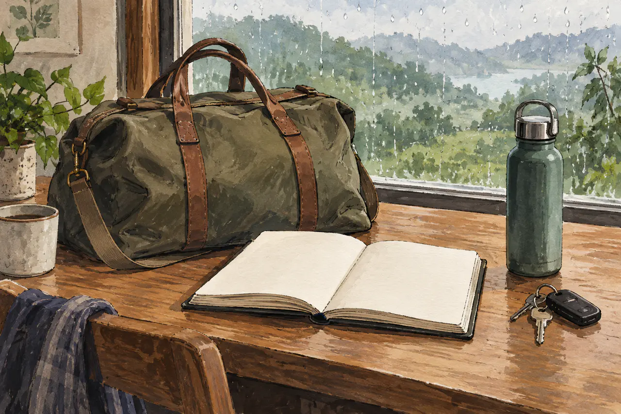 Editorial illustration of an unbranded bag, blank notebook, keys and water bottle by a rain-specked window.