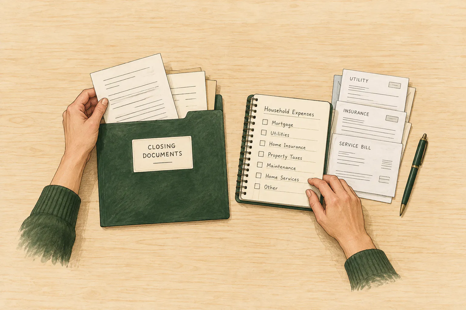 Editorial illustration of organizing one-time closing paperwork and ongoing household obligations; not actual legal records or a universal expense checklist.