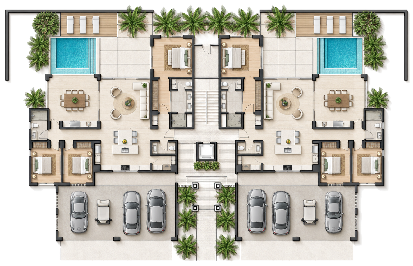 Sales plan of the Garden Pool residences: the mirrored pair on the ground level of the Luxury Apartments
