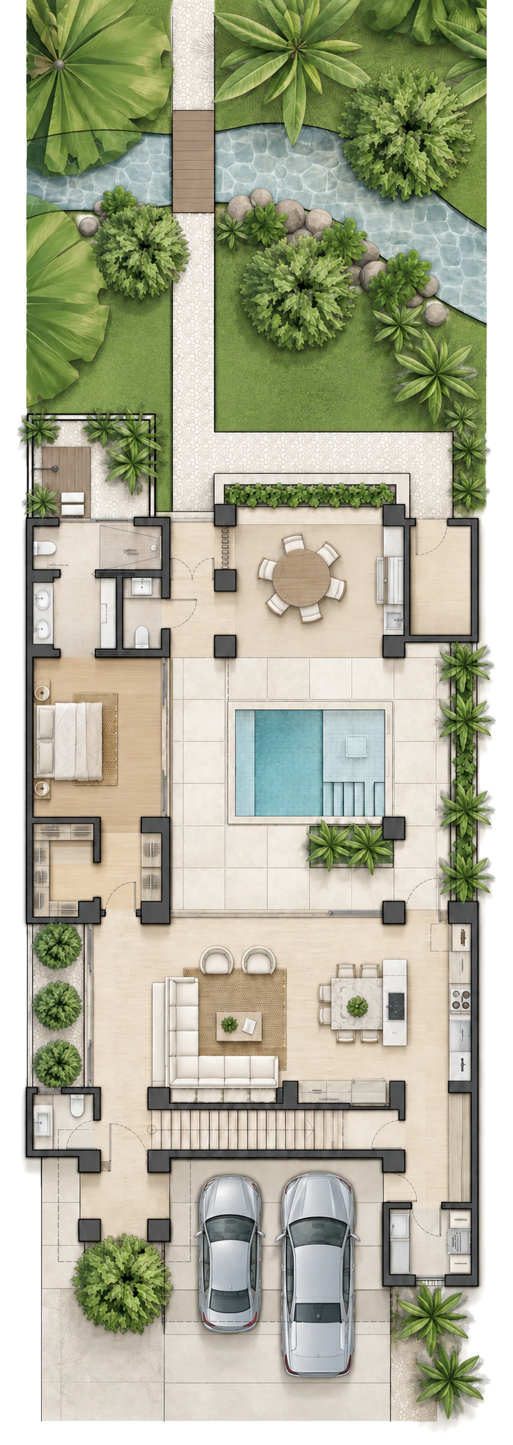 Ground floor sales plan of Model B · Oreja de Elefante: the shared core layout opening to the terrace and private pool