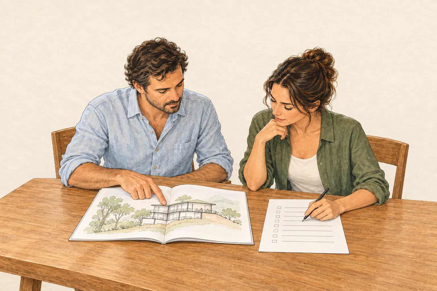 Editorial illustration of a buyer and advisor comparing residence information during due diligence.
