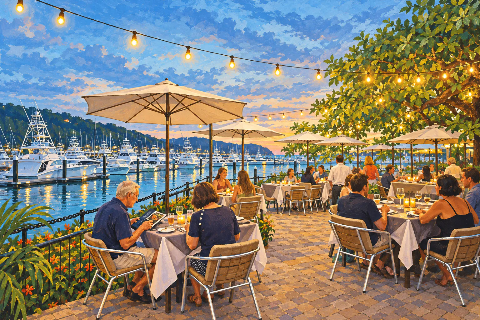 Reference-based editorial illustration of dining at Marina Village, Los Sueños, in Herradura; not downtown Jacó, a documentary photograph or evidence of current service.