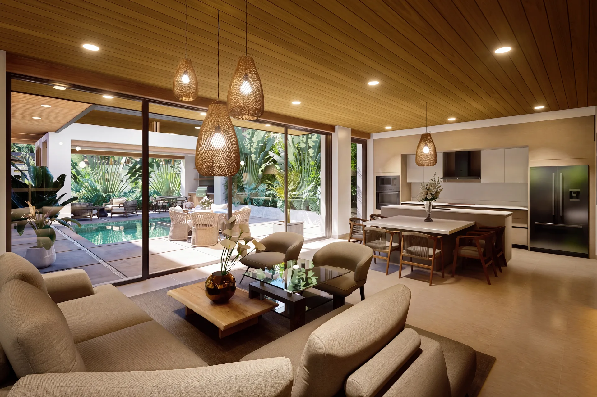 Model A living room opening toward the kitchen