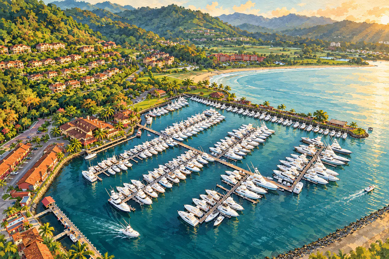 Reference-based editorial illustration of Los Sueños marina; not a documentary photograph, exact facility survey or evidence of current operations.