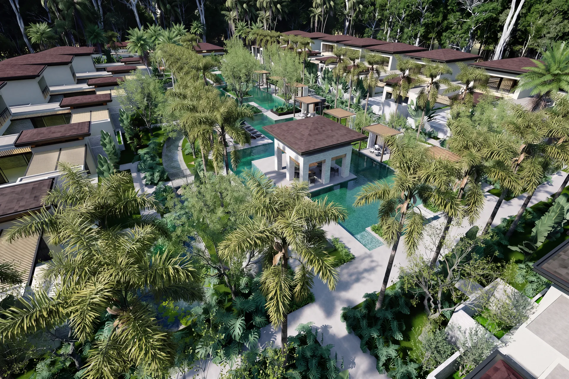 Aerial view across The Oasis pools toward the tropical island