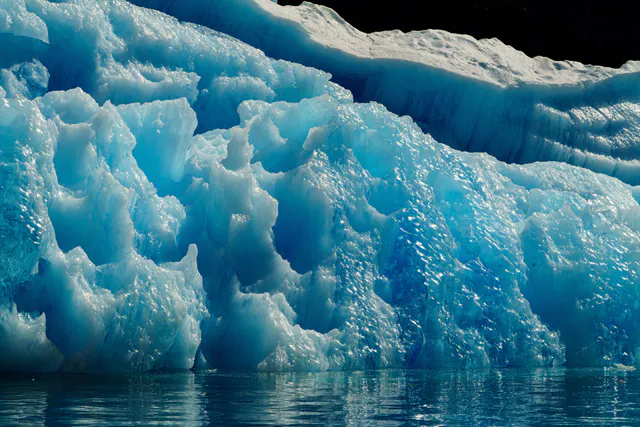 Close-up of a blue iceberg with sculpted texture, floating in calm dark water.