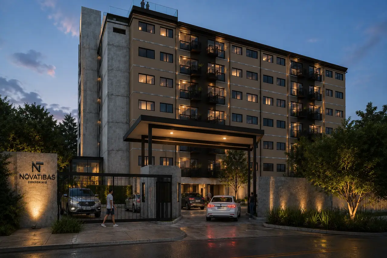 Fachada de NOVATIBÁS Condominio iluminada al anochecer, con su acceso vehicular controlado