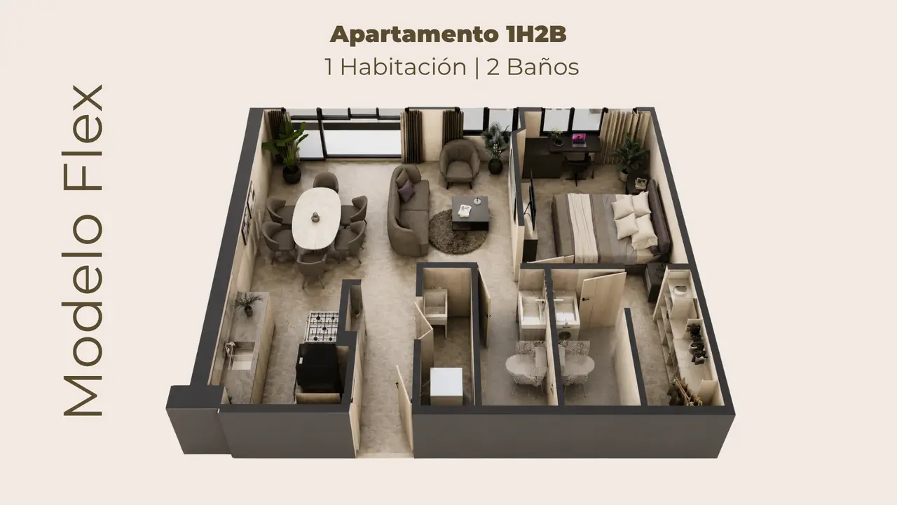 Modelo Flex — 1 habitación y 2 baños
