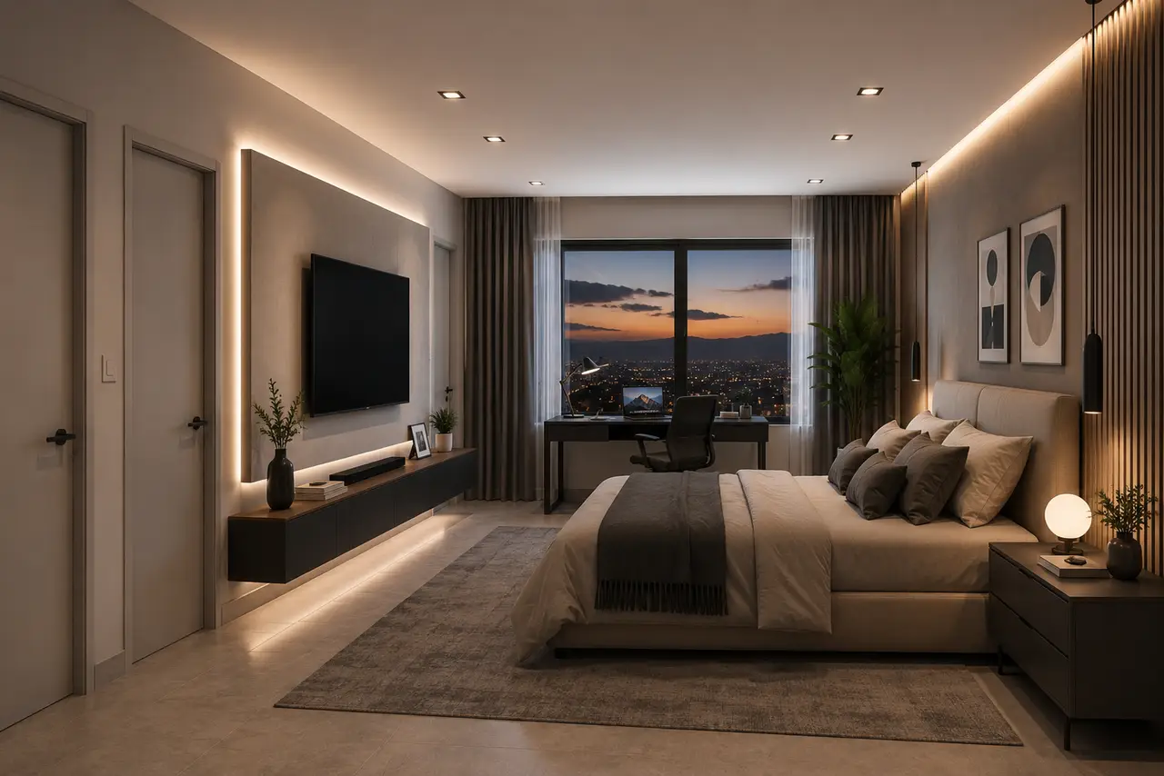 Habitación principal de un apartamento NOVATIBÁS al atardecer, con escritorio junto al ventanal y vista a la ciudad