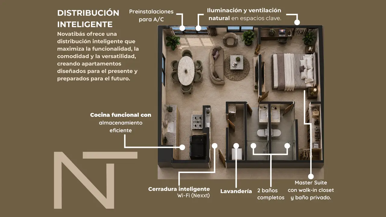 Distribución inteligente del apartamento: preinstalación para A/C, luz natural, cocina funcional, lavandería, dos baños y master suite con walk-in closet